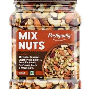 PrettyNutty Healthy Nutmix 500g, Dried Almonds, Black Raisins, Cashewnuts, Cranberries, Black Dates & Many More. (Pack of Jar)